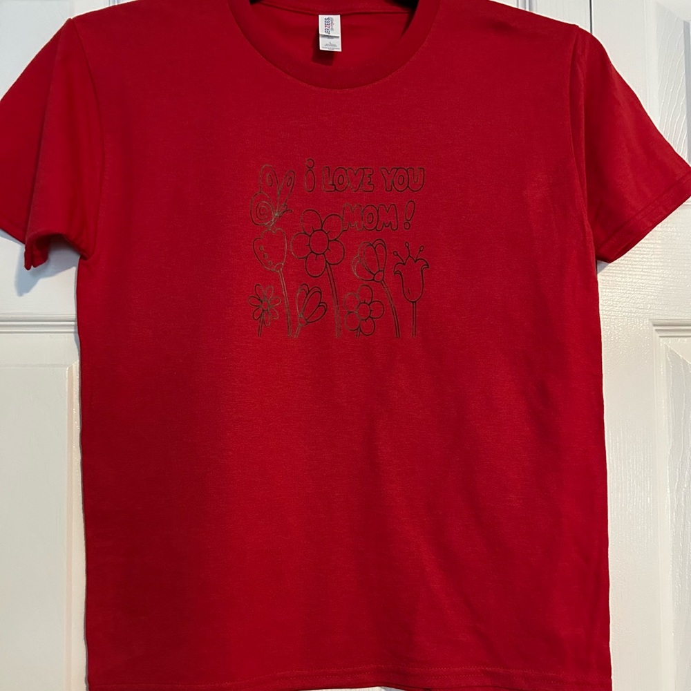 Jerzees Red Kids Short Sleeve Tee with Floral "I Love You Mom" Graphic